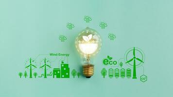 groen energie concept. gloeilamp met eco icoon Aan een groen achtergrond. esg of milieu sociaal bestuur. de bedrijf ontwikkelde een natuur behoud strategie. foto