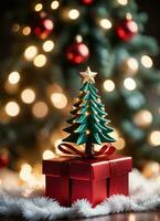 foto van de Kerstmis boom en geschenk dozen presenteert Kerstmis lichten gelukkig nieuw jaar ai generatief