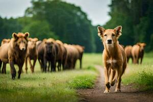 een hond wandelen in voorkant van een kudde van vee. ai-gegenereerd foto