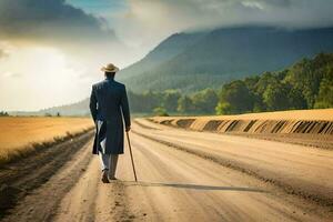 een Mens in een pak wandelingen naar beneden een aarde weg. ai-gegenereerd foto