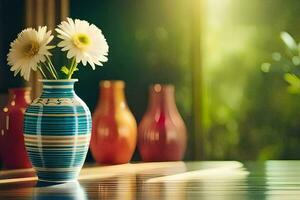 een vaas met bloemen zittend Aan een tafel. ai-gegenereerd foto
