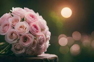 een boeket van roze rozen zittend Aan een stomp. ai-gegenereerd foto