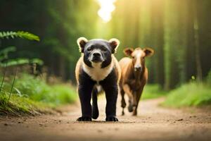 twee klein dieren wandelen naar beneden een aarde weg. ai-gegenereerd foto