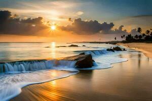 de zon stijgt over- de oceaan in deze mooi strand tafereel. ai-gegenereerd foto