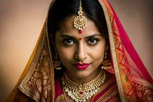een mooi Indisch vrouw vervelend een traditioneel bruids kleding. ai-gegenereerd foto