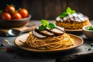 spaghetti met vlees en tomaten Aan een houten tafel. ai-gegenereerd foto