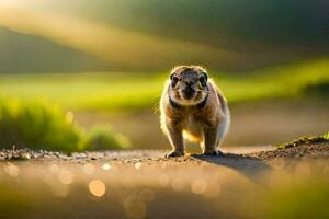 een grond eekhoorn staand Aan een aarde weg. ai-gegenereerd foto