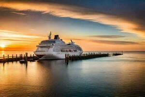 een reis schip aangemeerd Bij de pier Bij zonsondergang. ai-gegenereerd foto