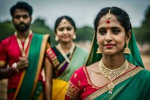 een vrouw in traditioneel Indisch kleding poses met haar familie. ai-gegenereerd foto