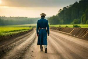 een Mens in een blauw pak wandelingen naar beneden een aarde weg. ai-gegenereerd foto