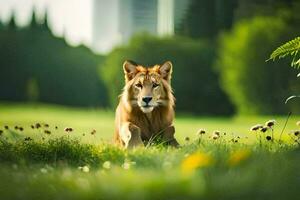een leeuw is zittend in de gras in voorkant van een stad. ai-gegenereerd foto
