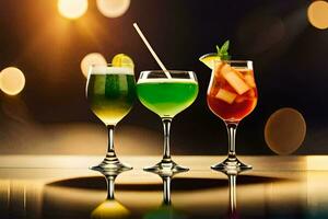 drie verschillend cocktails Aan een bar balie. ai-gegenereerd foto