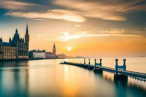 de zon stijgt over- de water en de groot ben klok toren in Londen. ai-gegenereerd foto