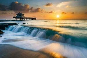 de zon sets over- een pier en golven crashen in de oceaan. ai-gegenereerd foto