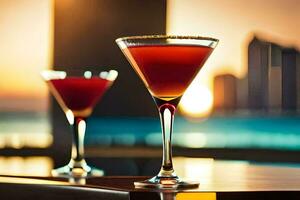 twee martini's zitten Aan een tafel in voorkant van een stad horizon. ai-gegenereerd foto