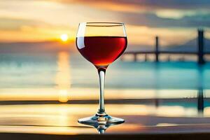 glas van rood wijn Aan de strand. ai-gegenereerd foto