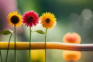 drie bloemen zijn zittend Aan een houten pool. ai-gegenereerd foto