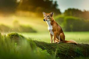 een hond zittend Aan een log in een veld. ai-gegenereerd foto