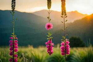 bloemen in de veld- Bij zonsondergang. ai-gegenereerd foto