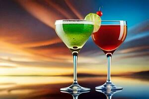 twee bril van alcoholisch drankjes met een zonsondergang in de achtergrond. ai-gegenereerd foto