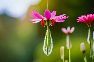 roze bloemen hangende van een fabriek in de zon. ai-gegenereerd foto