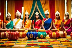 Indisch bruiloft ceremonie met kleurrijk potten. ai-gegenereerd foto