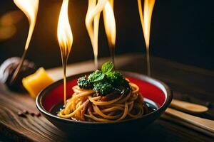 spaghetti met saus en groenten Aan een houten tafel. ai-gegenereerd foto