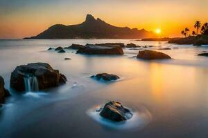 de zon stijgt over- de oceaan in Brazilië. ai-gegenereerd foto