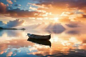 een boot is drijvend in de water Bij zonsondergang. ai-gegenereerd foto