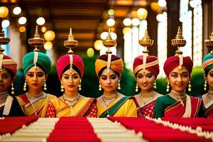 een groep van Dames in kleurrijk tulbanden. ai-gegenereerd foto