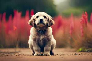 een gouden retriever puppy zittend Aan de grond in voorkant van rood bloemen. ai-gegenereerd foto