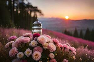 een vaas van roze bloemen in voorkant van een zonsondergang. ai-gegenereerd foto