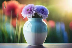 een blauw vaas met Purper bloemen zittend Aan een tafel. ai-gegenereerd foto