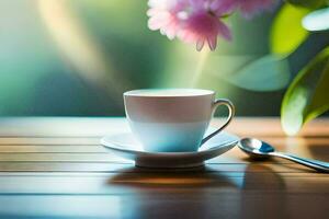 een kop van koffie Aan een houten tafel met een bloem in de achtergrond. ai-gegenereerd foto