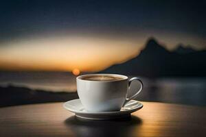 een kop van koffie Aan een tafel in voorkant van een mooi zonsondergang. ai-gegenereerd foto