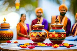 Indisch bruiloft ceremonie met kleurrijk potten en bloemen. ai-gegenereerd foto