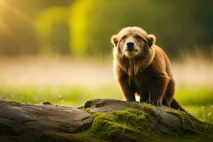 een bruin beer staand Aan een rots in een veld. ai-gegenereerd foto