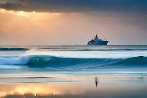 een boot in de oceaan met golven en een zonsondergang. ai-gegenereerd foto