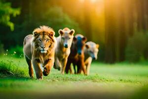 een groep van leeuwen wandelen in de gras. ai-gegenereerd foto