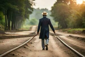 een Mens in een pak en hoed wandelen Aan spoorweg sporen. ai-gegenereerd foto