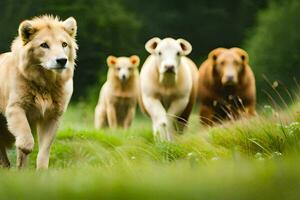 een groep van leeuwen wandelen in een veld. ai-gegenereerd foto