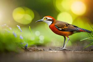 een vogel is staand Aan de grond in voorkant van sommige bloemen. ai-gegenereerd foto