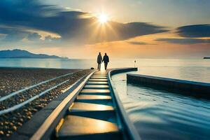 paar wandelen Aan de strand Bij zonsondergang. ai-gegenereerd foto