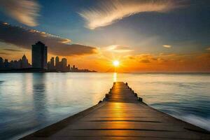 de zon stijgt over- de stad horizon in dubai. ai-gegenereerd foto