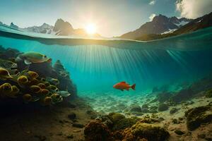 een vis zwemt in de oceaan met bergen in de achtergrond. ai-gegenereerd foto