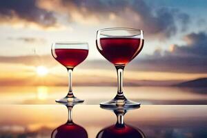 twee wijn bril met rood wijn Aan een tafel in voorkant van de zonsondergang. ai-gegenereerd foto
