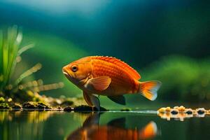 een oranje vis is staand Aan de water. ai-gegenereerd foto