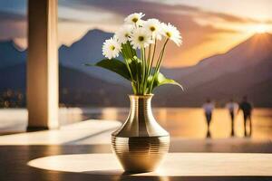 een vaas met bloemen Aan een tafel in voorkant van een meer. ai-gegenereerd foto