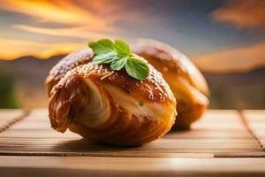 twee stukken van brood met kruiden Aan top van een houten tafel. ai-gegenereerd foto