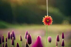 een bloem is staand in de midden- van een veld. ai-gegenereerd foto